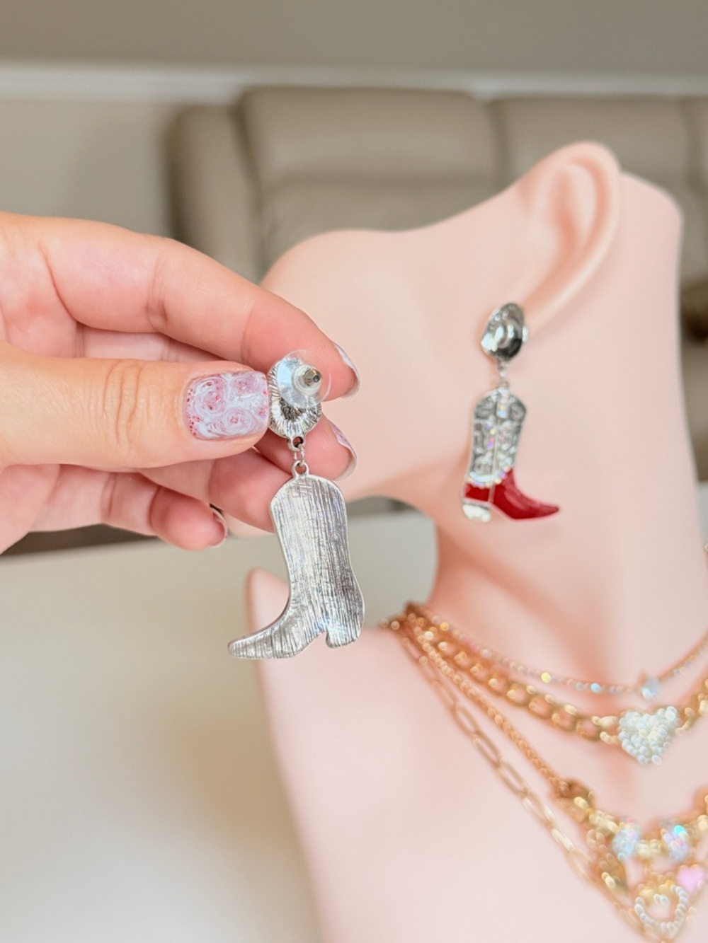 Red Cowboy Boot Dangle Earrings - Picture 7 of 13